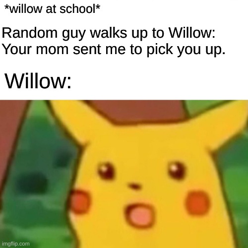 The Owl House Willow Park ? | *willow at school*; Random guy walks up to Willow: Your mom sent me to pick you up. Willow: | image tagged in memes,surprised pikachu,the owl house | made w/ Imgflip meme maker