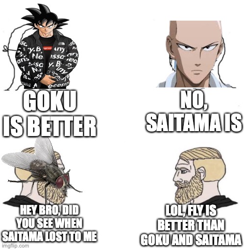 Chad we know | GOKU IS BETTER; NO, SAITAMA IS; HEY BRO, DID YOU SEE WHEN SAITAMA LOST TO ME; LOL, FLY IS BETTER THAN GOKU AND SAITAMA | image tagged in chad we know | made w/ Imgflip meme maker