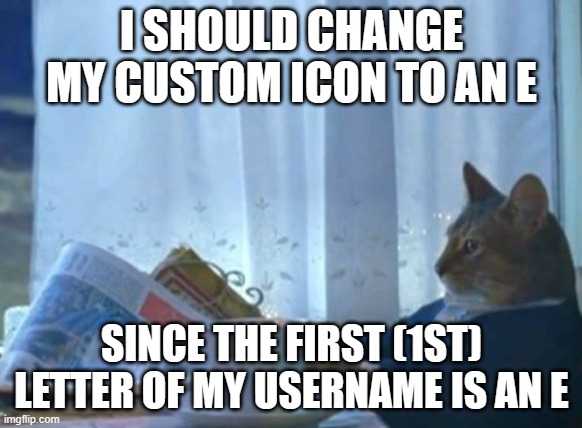 I Should Buy A Boat Cat | I SHOULD CHANGE MY CUSTOM ICON TO AN E; SINCE THE FIRST (1ST) LETTER OF MY USERNAME IS AN E | image tagged in memes,i should buy a boat cat | made w/ Imgflip meme maker