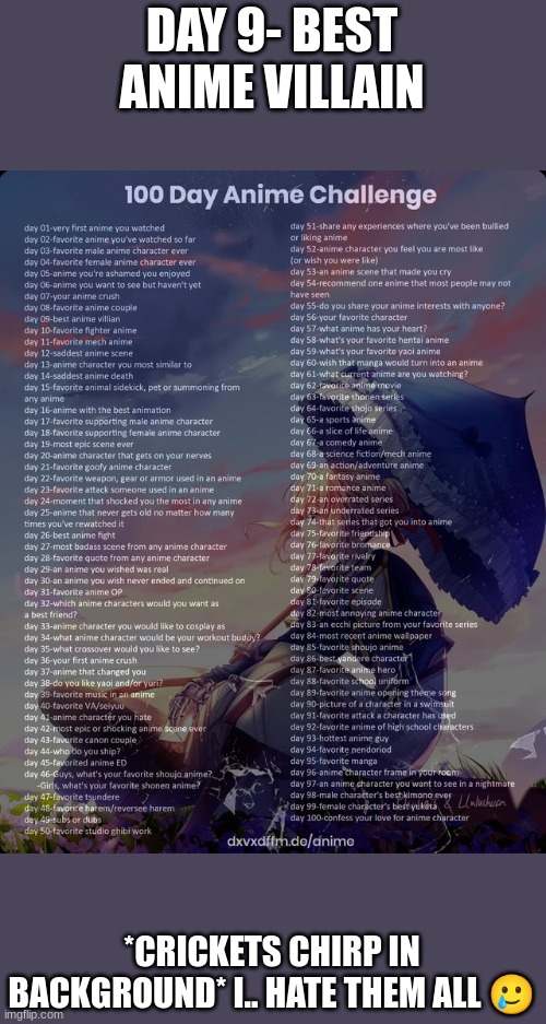 I WILL NOT GIVE UP ⚔ | DAY 9- BEST ANIME VILLAIN; *CRICKETS CHIRP IN BACKGROUND* I.. HATE THEM ALL 🥲 | image tagged in 100 day anime challenge | made w/ Imgflip meme maker