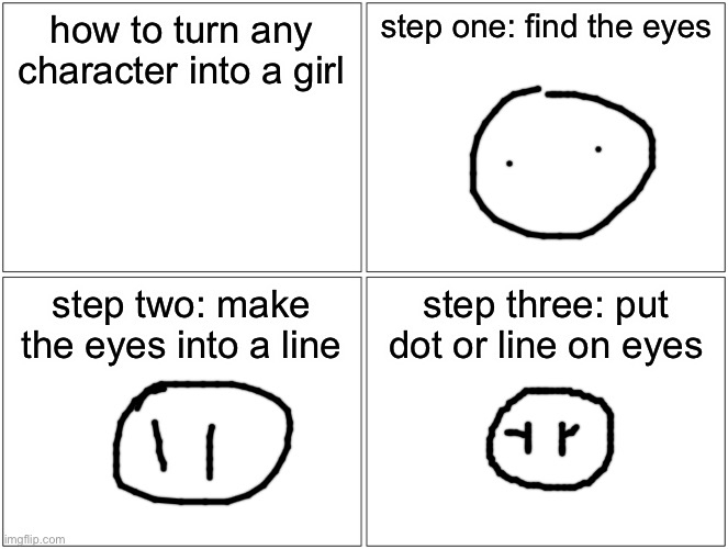 :) | how to turn any character into a girl; step one: find the eyes; step two: make the eyes into a line; step three: put dot or line on eyes | image tagged in memes,blank comic panel 2x2 | made w/ Imgflip meme maker