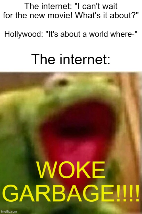 No matter what the movie's about, people are always calling it "woke garbage". | The internet: "I can't wait for the new movie! What's it about?"; Hollywood: "It's about a world where-"; The internet:; WOKE GARBAGE!!!! | image tagged in hollywood,movies,internet,woke | made w/ Imgflip meme maker