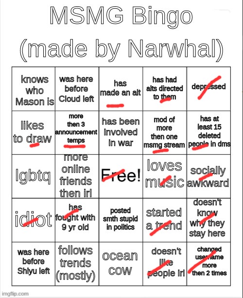 msmg bingo | image tagged in msmg bingo | made w/ Imgflip meme maker