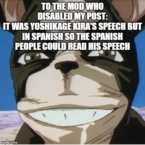iggy | TO THE MOD WHO DISABLED MY POST:
IT WAS YOSHIKAGE KIRA'S SPEECH BUT IN SPANISH SO THE SPANISH PEOPLE COULD READ HIS SPEECH | image tagged in iggy | made w/ Imgflip meme maker