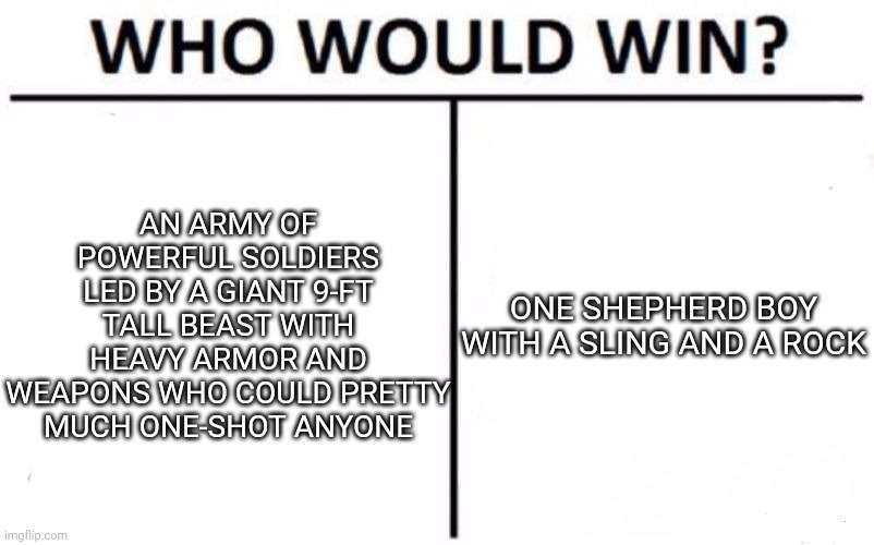 If you have God on your side nothing can stop you :) | AN ARMY OF POWERFUL SOLDIERS LED BY A GIANT 9-FT TALL BEAST WITH HEAVY ARMOR AND WEAPONS WHO COULD PRETTY MUCH ONE-SHOT ANYONE; ONE SHEPHERD BOY WITH A SLING AND A ROCK | image tagged in memes,who would win,bible | made w/ Imgflip meme maker