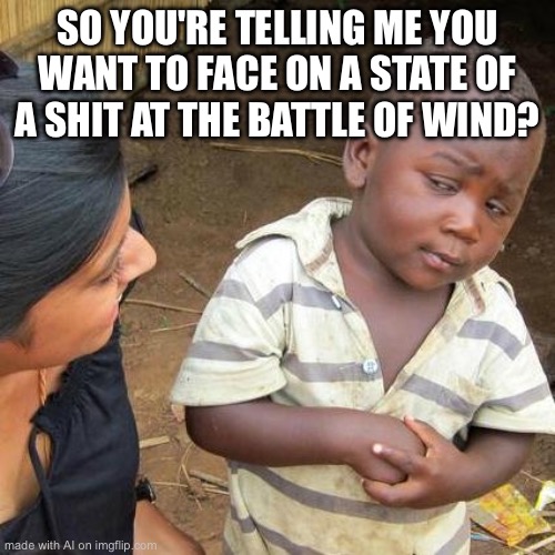 Third World Skeptical Kid Meme | SO YOU'RE TELLING ME YOU WANT TO FACE ON A STATE OF A SHIT AT THE BATTLE OF WIND? | image tagged in memes,third world skeptical kid | made w/ Imgflip meme maker