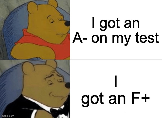 Big brain | I got an A- on my test; I got an F+ | image tagged in memes,tuxedo winnie the pooh | made w/ Imgflip meme maker