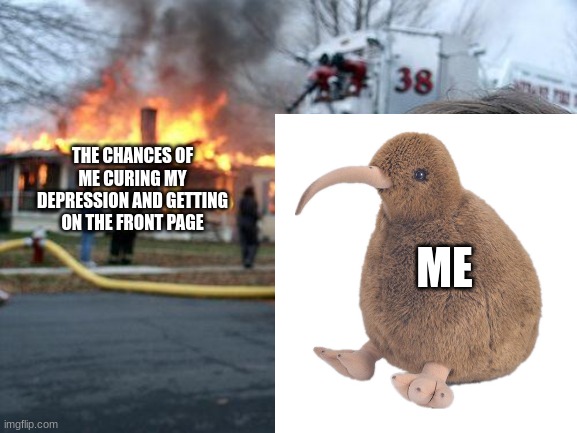 e | THE CHANCES OF ME CURING MY DEPRESSION AND GETTING ON THE FRONT PAGE; ME | image tagged in kwi | made w/ Imgflip meme maker