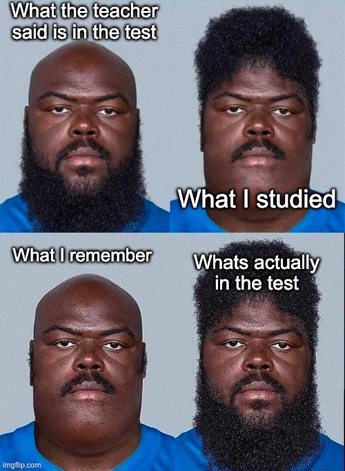 as always | What the teacher said is in the test; What I studied; What I remember; Whats actually in the test | image tagged in relatable | made w/ Imgflip meme maker