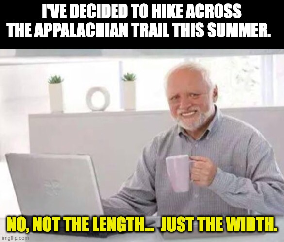 Dad Joke | I'VE DECIDED TO HIKE ACROSS THE APPALACHIAN TRAIL THIS SUMMER. NO, NOT THE LENGTH...  JUST THE WIDTH. | image tagged in harold,dad joke | made w/ Imgflip meme maker
