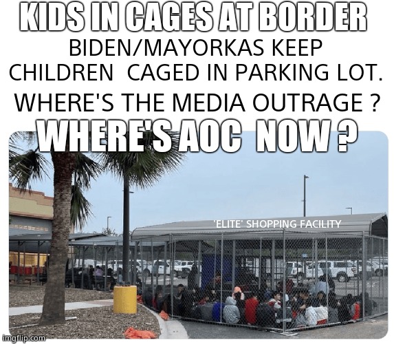 Democratic Hypocrites 2023 | KIDS IN CAGES AT BORDER; BIDEN/MAYORKAS KEEP CHILDREN  CAGED IN PARKING LOT. WHERE'S THE MEDIA OUTRAGE ? WHERE'S AOC  NOW ? 'ELITE' SHOPPING FACILITY | image tagged in memes,cage,kids,democrats,liberal hypocrisy,political meme | made w/ Imgflip meme maker