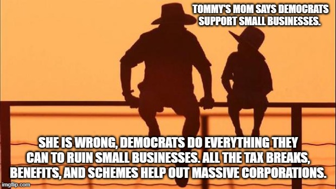 Cowboy wisdom, Democrats are the party of big government, big corporations. | TOMMY'S MOM SAYS DEMOCRATS SUPPORT SMALL BUSINESSES. SHE IS WRONG, DEMOCRATS DO EVERYTHING THEY CAN TO RUIN SMALL BUSINESSES. ALL THE TAX BREAKS, BENEFITS, AND SCHEMES HELP OUT MASSIVE CORPORATIONS. | image tagged in cowboy father and son,cowboy wisdom,taxes,recession,shut downs,supply shortages | made w/ Imgflip meme maker