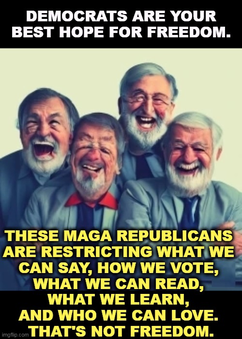 Republicans are having too much fun taking away our rights. | DEMOCRATS ARE YOUR BEST HOPE FOR FREEDOM. THESE MAGA REPUBLICANS 
ARE RESTRICTING WHAT WE 
CAN SAY, HOW WE VOTE, 
WHAT WE CAN READ, 
WHAT WE LEARN, 
AND WHO WE CAN LOVE. 
THAT'S NOT FREEDOM. | image tagged in democrats,freedom,values,maga,republicans,dictator | made w/ Imgflip meme maker