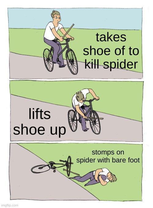 i did this to a tarantula once | takes shoe of to kill spider; lifts shoe up; stomps on spider with bare foot | image tagged in memes,bike fall | made w/ Imgflip meme maker