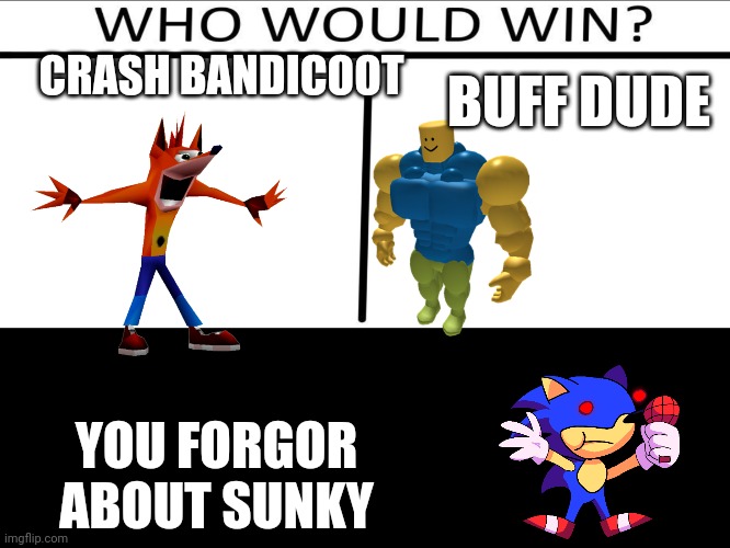 I did...Oh no- | CRASH BANDICOOT; BUFF DUDE; YOU FORGOR ABOUT SUNKY | image tagged in who will win 3 person | made w/ Imgflip meme maker