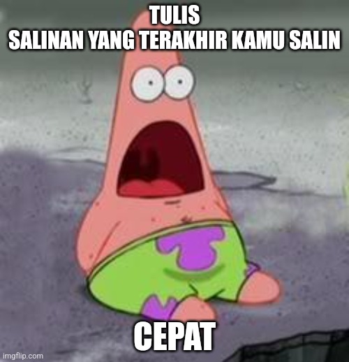 Suprised Patrick | TULIS
SALINAN YANG TERAKHIR KAMU SALIN; CEPAT | image tagged in suprised patrick | made w/ Imgflip meme maker