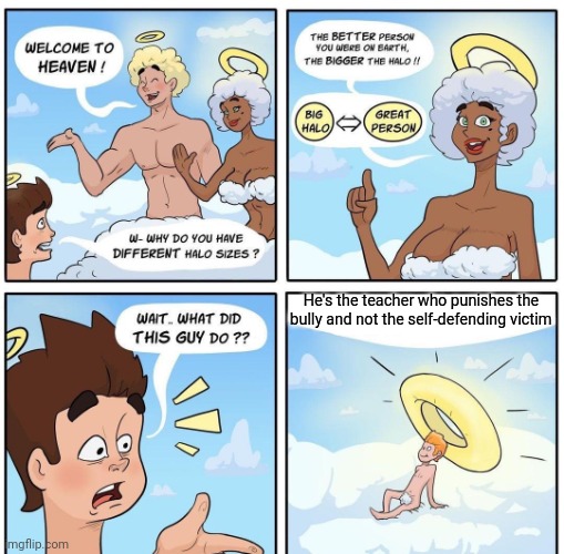 Halo Sizes on Cloud 9 | He's the teacher who punishes the bully and not the self-defending victim | image tagged in halo sizes on cloud 9 | made w/ Imgflip meme maker