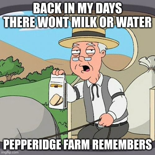 1987 | BACK IN MY DAYS THERE WONT MILK OR WATER; PEPPERIDGE FARM REMEMBERS | image tagged in memes,pepperidge farm remembers | made w/ Imgflip meme maker