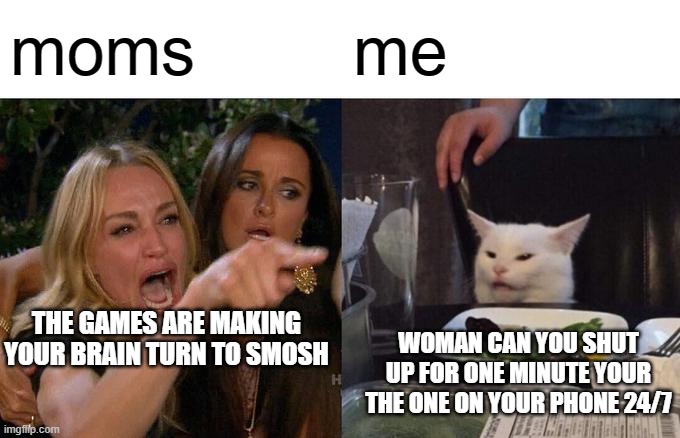 Woman Yelling At Cat Meme | moms; me; THE GAMES ARE MAKING YOUR BRAIN TURN TO SMOSH; WOMAN CAN YOU SHUT UP FOR ONE MINUTE YOUR THE ONE ON YOUR PHONE 24/7 | image tagged in memes,woman yelling at cat | made w/ Imgflip meme maker