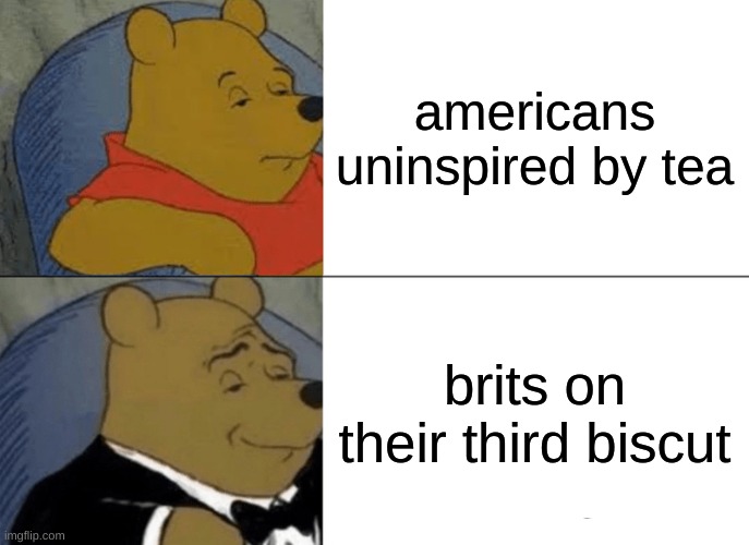 Tuxedo Winnie The Pooh Meme | americans uninspired by tea; brits on their third biscut | image tagged in memes,tuxedo winnie the pooh | made w/ Imgflip meme maker