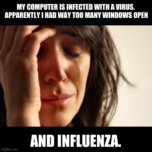 Too many windows | MY COMPUTER IS INFECTED WITH A VIRUS.  APPARENTLY I HAD WAY TOO MANY WINDOWS OPEN; AND INFLUENZA. | image tagged in memes,first world problems | made w/ Imgflip meme maker
