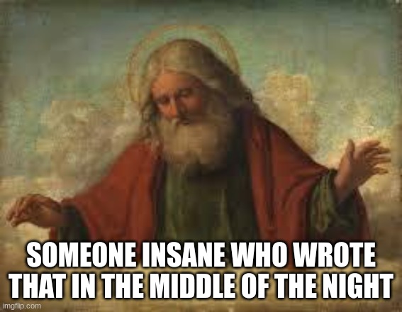 god | SOMEONE INSANE WHO WROTE THAT IN THE MIDDLE OF THE NIGHT | image tagged in god | made w/ Imgflip meme maker