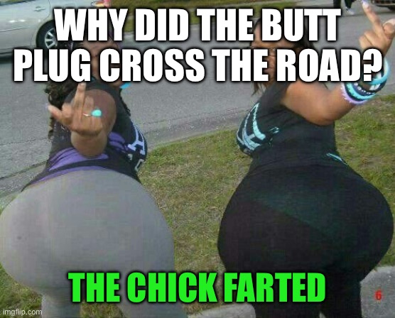 Big booties | WHY DID THE BUTT PLUG CROSS THE ROAD? THE CHICK FARTED | image tagged in bbw,big booty | made w/ Imgflip meme maker