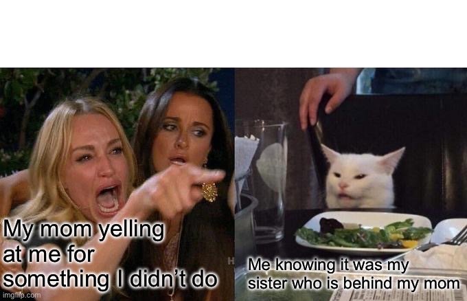 Woman Yelling At Cat Meme | My mom yelling at me for something I didn’t do; Me knowing it was my sister who is behind my mom | image tagged in memes,woman yelling at cat | made w/ Imgflip meme maker