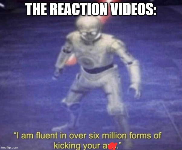 I am fluent in over six million forms of kicking your ass | THE REACTION VIDEOS: | image tagged in i am fluent in over six million forms of kicking your ass | made w/ Imgflip meme maker