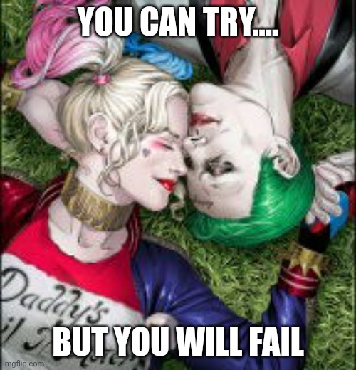 Harley kinda love | YOU CAN TRY.... BUT YOU WILL FAIL | image tagged in harley quinn the joker mad love | made w/ Imgflip meme maker