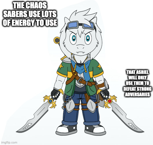 Asriel Dreemur With Chaos Sabers | THE CHAOS SABERS USE LOTS OF ENERGY TO USE; THAT ASRIEL WILL ONLY USE THEM TO DEFEAT STRONG ADVERSARIES | image tagged in asriel,undertale,memes | made w/ Imgflip meme maker