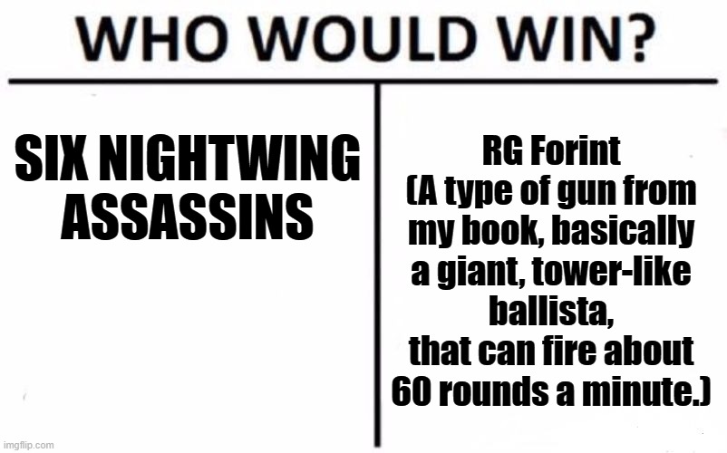 No really. | SIX NIGHTWING ASSASSINS; RG Forint
(A type of gun from my book, basically a giant, tower-like ballista, that can fire about 60 rounds a minute.) | image tagged in who would win | made w/ Imgflip meme maker