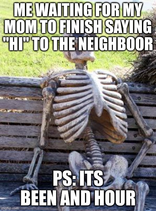 Waiting Skeleton | ME WAITING FOR MY MOM TO FINISH SAYING "HI" TO THE NEIGHBOOR; PS: ITS BEEN AND HOUR | image tagged in memes,waiting skeleton | made w/ Imgflip meme maker