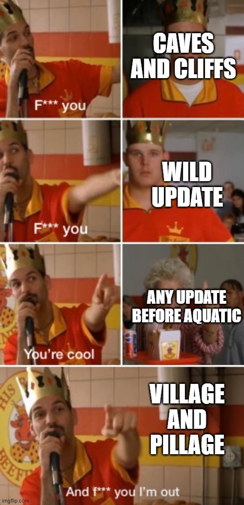 F you, Your cool | CAVES AND CLIFFS ANY UPDATE BEFORE AQUATIC WILD UPDATE VILLAGE AND PILLAGE | image tagged in f you your cool | made w/ Imgflip meme maker
