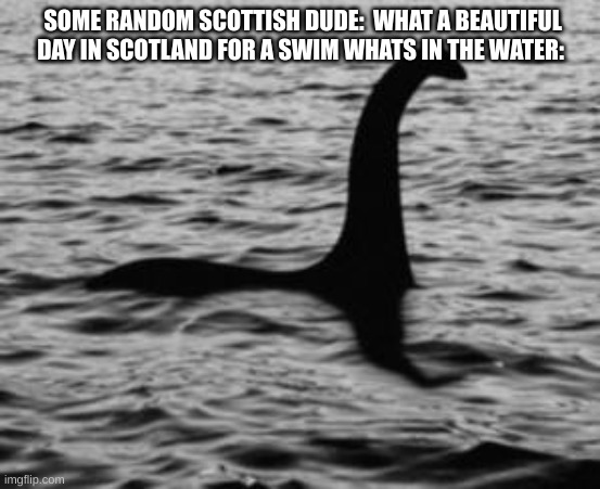 Loch Ness Monster | SOME RANDOM SCOTTISH DUDE:  WHAT A BEAUTIFUL DAY IN SCOTLAND FOR A SWIM WHATS IN THE WATER: | image tagged in loch ness monster | made w/ Imgflip meme maker