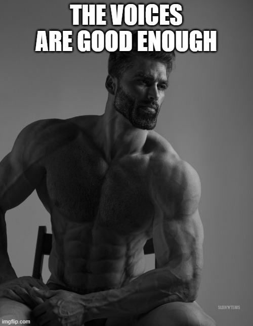 Giga Chad | THE VOICES ARE GOOD ENOUGH | image tagged in giga chad | made w/ Imgflip meme maker