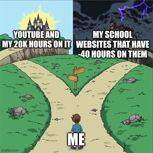 Two Paths | MY SCHOOL WEBSITES THAT HAVE -40 HOURS ON THEM; YOUTUBE AND MY 20K HOURS ON IT; ME | image tagged in two paths | made w/ Imgflip meme maker