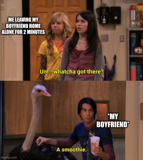 Whatcha Got There? | ME LEAVING MY BOYFRIEND HOME ALONE FOR 2 MINUTES; *MY BOYFRIEND* | image tagged in whatcha got there | made w/ Imgflip meme maker