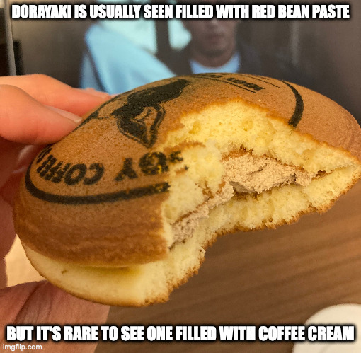 Dorayaki With Coffee-Flavored Filling | DORAYAKI IS USUALLY SEEN FILLED WITH RED BEAN PASTE; BUT IT'S RARE TO SEE ONE FILLED WITH COFFEE CREAM | image tagged in dorayaki,memes,food | made w/ Imgflip meme maker