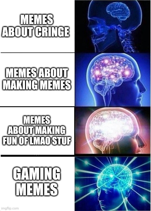 Expanding Brain | MEMES ABOUT CRINGE; MEMES ABOUT MAKING MEMES; MEMES ABOUT MAKING FUN OF LMAO STUF; GAMING MEMES | image tagged in memes,expanding brain | made w/ Imgflip meme maker