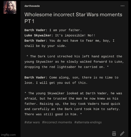An incorrect but wholesome alternate moment I posted to Tumblr recently | image tagged in redeemed vader helps luke,alternate ending,star wars | made w/ Imgflip meme maker