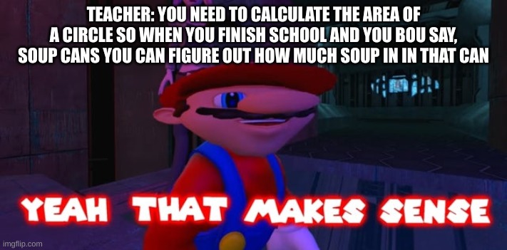 JUST READ THE DAM BACK OF CAN | TEACHER: YOU NEED TO CALCULATE THE AREA OF A CIRCLE SO WHEN YOU FINISH SCHOOL AND YOU BOU SAY, SOUP CANS YOU CAN FIGURE OUT HOW MUCH SOUP IN IN THAT CAN | image tagged in mario that make sense | made w/ Imgflip meme maker