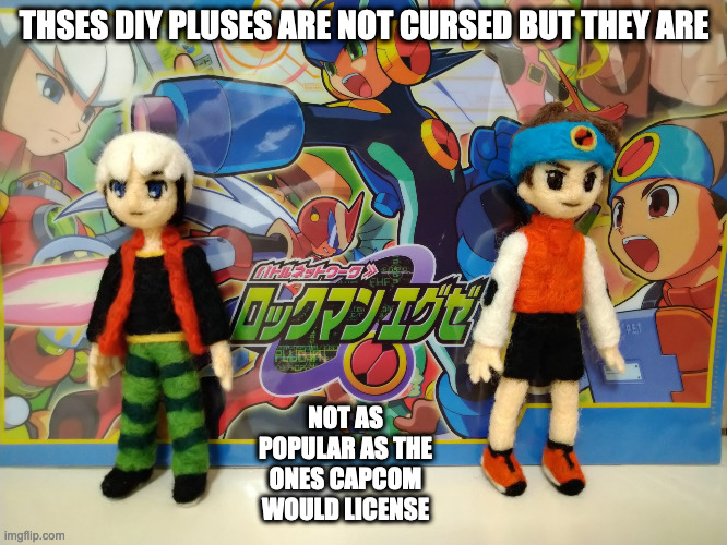 DIY Lan Hikari and Eugene Chaud Plushes | THSES DIY PLUSES ARE NOT CURSED BUT THEY ARE; NOT AS POPULAR AS THE ONES CAPCOM WOULD LICENSE | image tagged in plush,lan hikari,eugene chaud,megaman,megaman battle network,memes | made w/ Imgflip meme maker