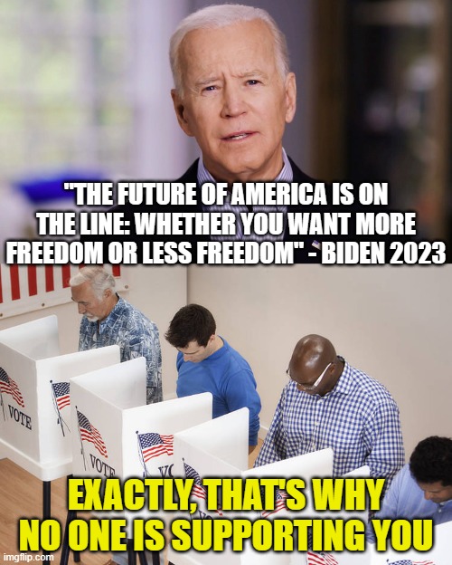 "THE FUTURE OF AMERICA IS ON THE LINE: WHETHER YOU WANT MORE FREEDOM OR LESS FREEDOM" - BIDEN 2023; EXACTLY, THAT'S WHY NO ONE IS SUPPORTING YOU | image tagged in joe biden 2020,voters | made w/ Imgflip meme maker