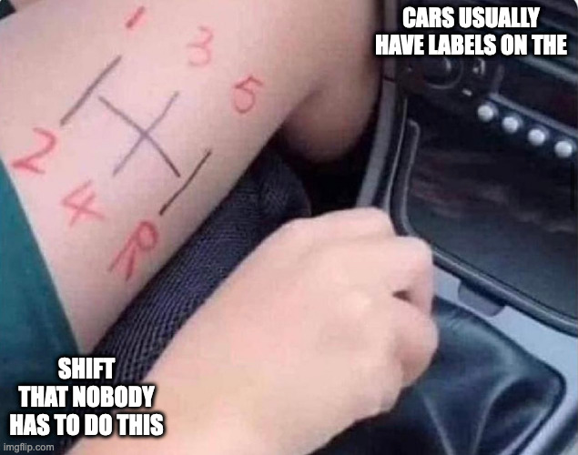 Shift Labels on the Thigh | CARS USUALLY HAVE LABELS ON THE; SHIFT THAT NOBODY HAS TO DO THIS | image tagged in shift,cars,memes | made w/ Imgflip meme maker