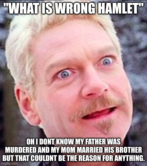 hamlet | "WHAT IS WRONG HAMLET"; OH I DONT KNOW MY FATHER WAS MURDERED AND MY MOM MARRIED HIS BROTHER BUT THAT COULDNT BE THE REASON FOR ANYTHING. | image tagged in hamlet | made w/ Imgflip meme maker