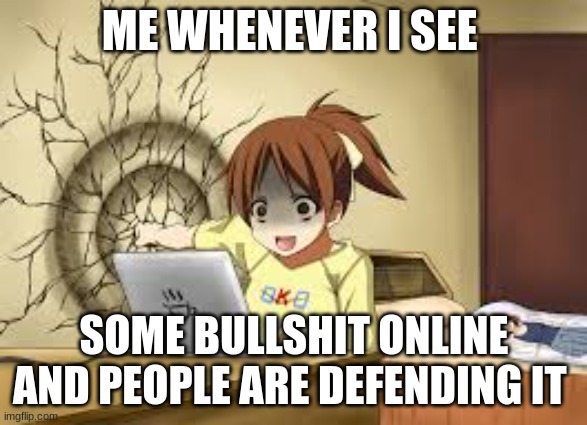 things on the interent | ME WHENEVER I SEE; SOME BULLSHIT ONLINE AND PEOPLE ARE DEFENDING IT | image tagged in anime girl punches the wall | made w/ Imgflip meme maker