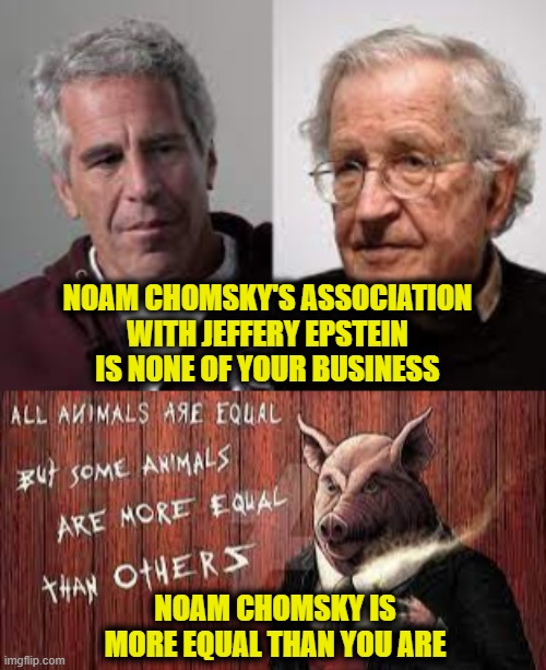 Lifestyles of the Political Elite | NOAM CHOMSKY'S ASSOCIATION
WITH JEFFERY EPSTEIN
IS NONE OF YOUR BUSINESS; NOAM CHOMSKY IS
MORE EQUAL THAN YOU ARE | made w/ Imgflip meme maker