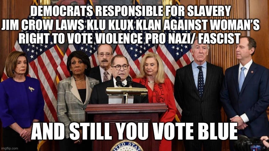 Definitely | DEMOCRATS RESPONSIBLE FOR SLAVERY JIM CROW LAWS KLU KLUX KLAN AGAINST WOMAN’S RIGHT TO VOTE VIOLENCE PRO NAZI/ FASCIST; AND STILL YOU VOTE BLUE | image tagged in house democrats | made w/ Imgflip meme maker
