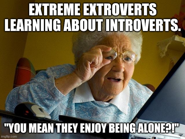 Extreme extroverts be like | EXTREME EXTROVERTS LEARNING ABOUT INTROVERTS. "YOU MEAN THEY ENJOY BEING ALONE?!" | image tagged in memes,grandma finds the internet,extrovert,introvert,funny | made w/ Imgflip meme maker